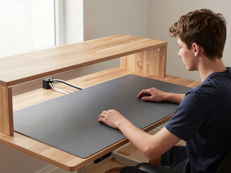 Medium shot of a teen gaming at a modular desk, clean cable management visible, subtle LED backlighting, focused expression, slate gray desk surface