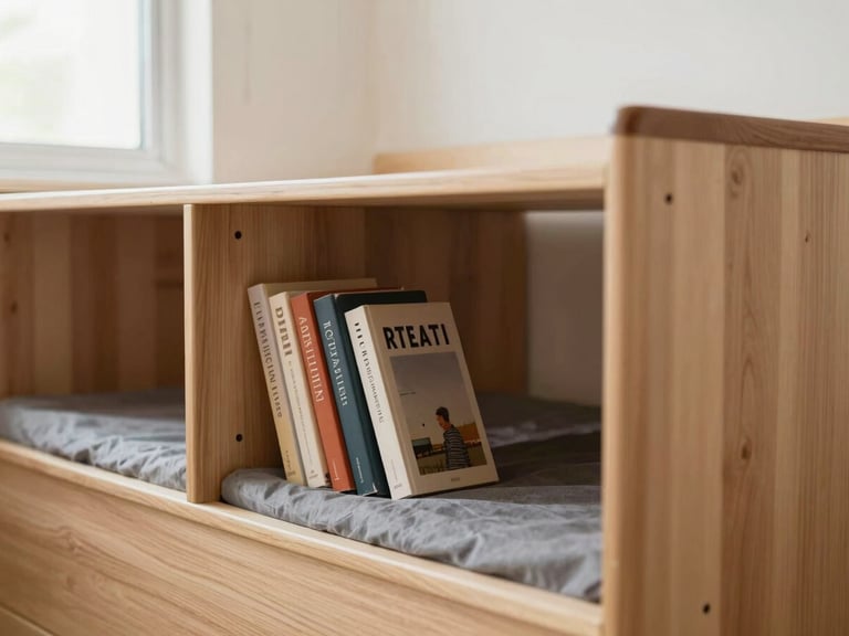 Medium shot of a teen organizing books on a hidden shelf within a modular storage bed, warm birch, natural light, no mess