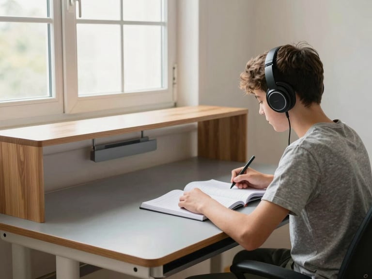 Medium shot of a teen studying at a modular desk, headphones on, organized workspace, natural window light, tech-integrated, slate gray desk surface