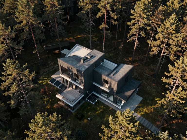 Top-down aerial view of a modern Nordic villa surrounded by dark pine forest, sharp geometric lines, morning light