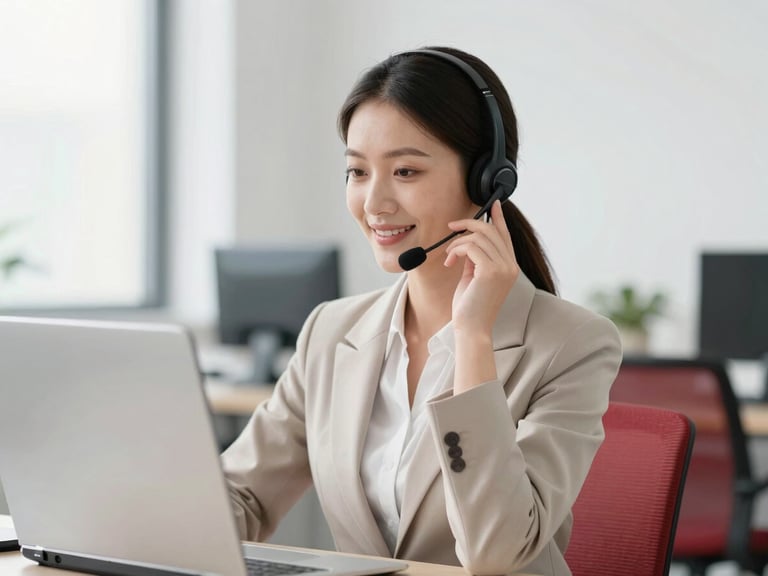 A professional female agent in a bright corporate setting smiling while taking an inbound call on a headset, clean modern office background with soft neutral tones.