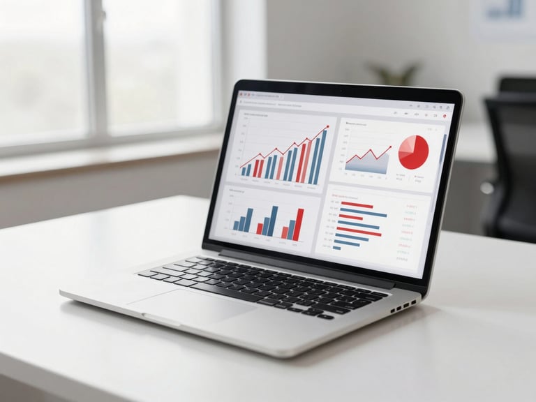A bright corporate office desk with an open laptop showing clean financial charts and data-visualization graphs, illuminated by soft natural window light.