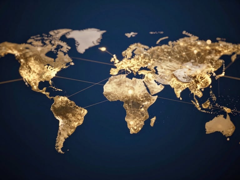 Abstract visualization of interconnected global systems, with glowing nodes and lines, deep blue and gold hues.