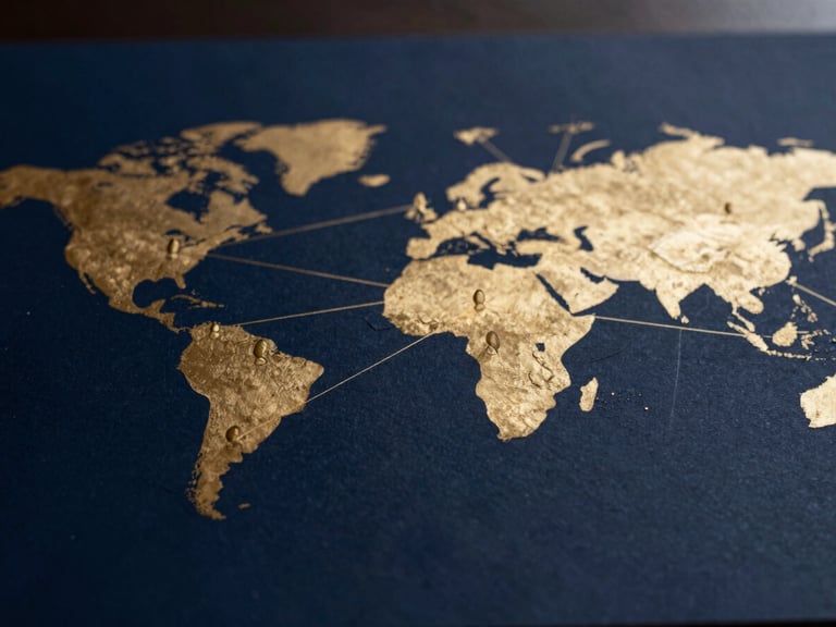 A stylized, abstract representation of interconnected global networks and human figures, rendered in muted gold lines against a deep navy background, suggesting global impact and community. Prestigious editorial photography, deep navy and gold tones, shallow depth of field, 35mm.