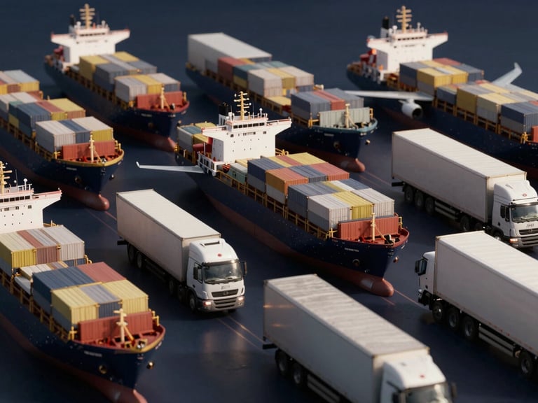 Complex logistics network with cargo ships, planes, and trucks, rendered with high-contrast lighting.