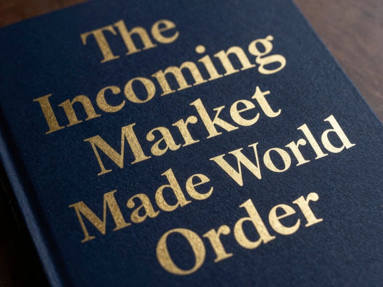 Close-up, flat-lay product shot of the book 'The Incoming Market Made World Order', prestigious editorial photography, high-contrast lighting, deep navy and gold tones.