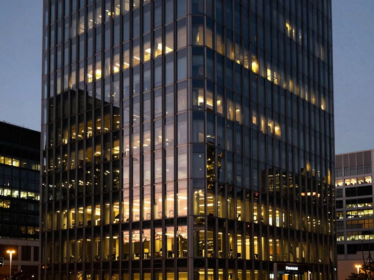 Architectural shot of a modern corporate headquarters at dusk, reflecting city lights, high-contrast.
