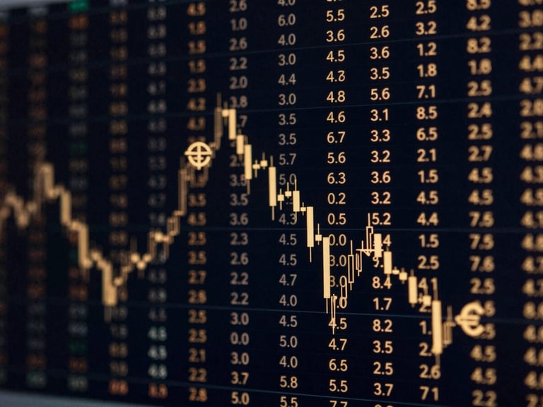 Dynamic visualization of financial data streams and currency symbols, moving rapidly across a dark background.