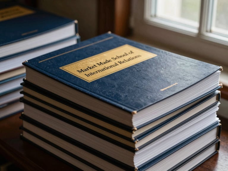 A stack of scholarly journals and research papers with a prominent title page showing 'Market Made School of International Relations' in a prestigious library setting, natural window light. Prestigious editorial photography, deep navy and gold tones, shallow depth of field, 35mm.