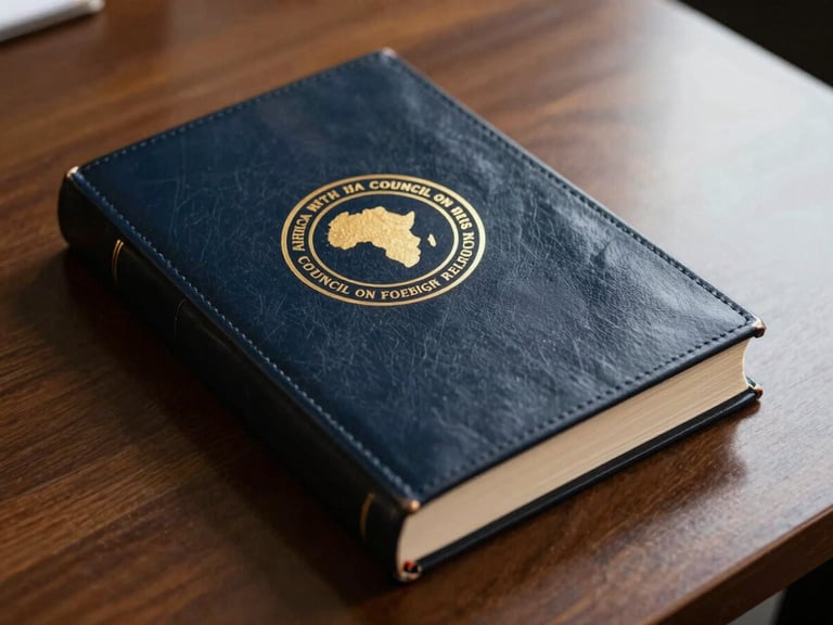 Close-up of a distinguished, dark leather-bound book with a gold embossed emblem, representing the African Council on Foreign Relations, on a polished wooden desk with soft natural light. Prestigious editorial photography, deep navy and gold tones, shallow depth of field, 35mm.