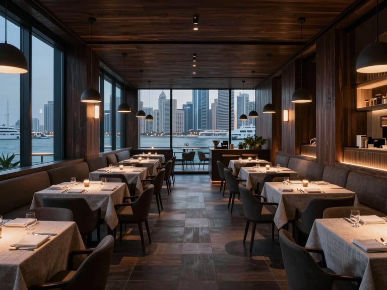 Wide-angle interior of a sleek contemporary Dubai restaurant, dark timber walls, low pendant lighting casting warm circles on linen-draped tables, floor-to-ceiling glass revealing a marina skyline at dusk, no guests, deep perspective through the room