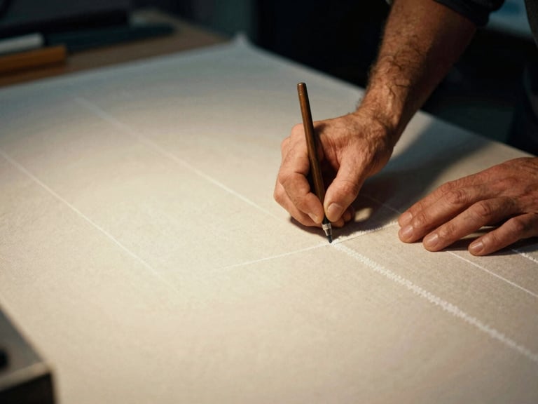 Close-up of a pattern-maker's hands marking chalk lines on heavy canvas fabric under a warm workstation lamp, shallow depth of field, tactile industrial photography.