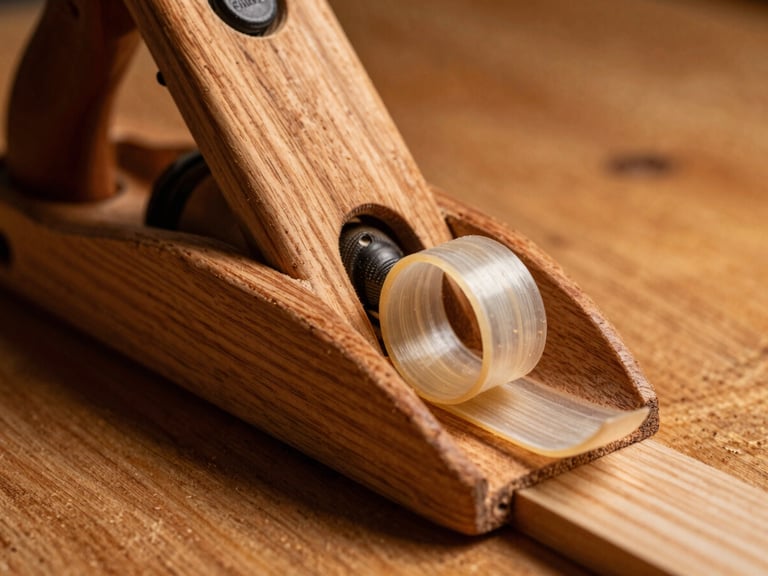 Extreme close-up of a sharp hand plane slicing a thin, translucent curl of cherry wood, side-lit with warm amber light showing deep grain texture