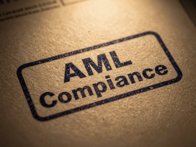 Macro close-up of a secure document with a visible 'AML Compliance' stamp, low-key studio lighting.