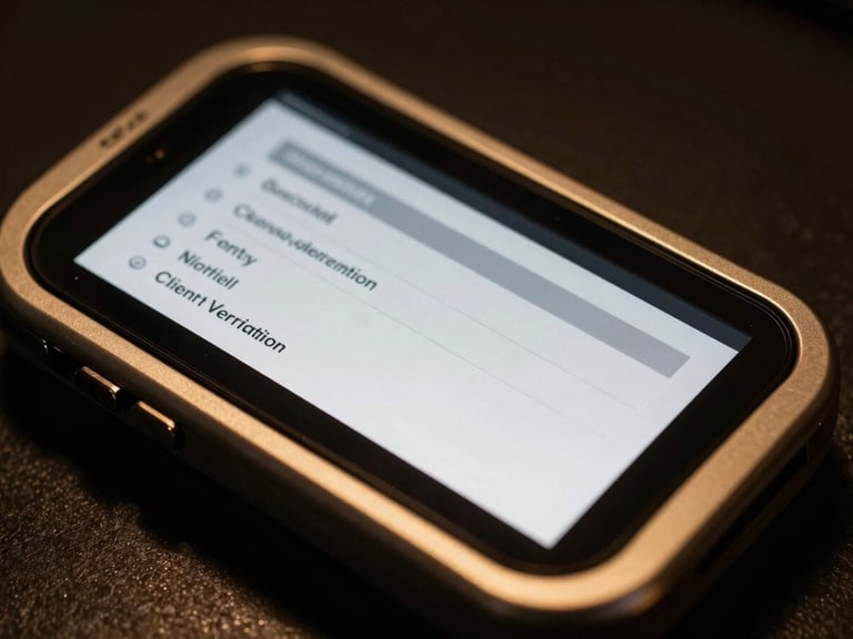 Digital interface displaying secure client verification data, high-contrast studio lighting.