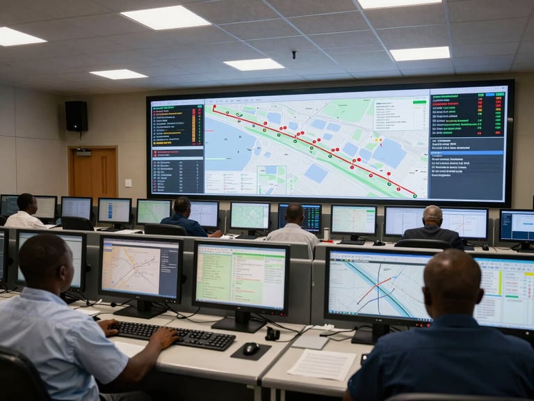 Interior of an intercity transport dispatch control room in West Africa, wide shot, multiple workstations with route monitoring screens glowing in the foreground, a large wall display showing corridor maps and data overlays, overhead fluorescent lighting, two operators at keyboards with backs to camera, operational documentary style
