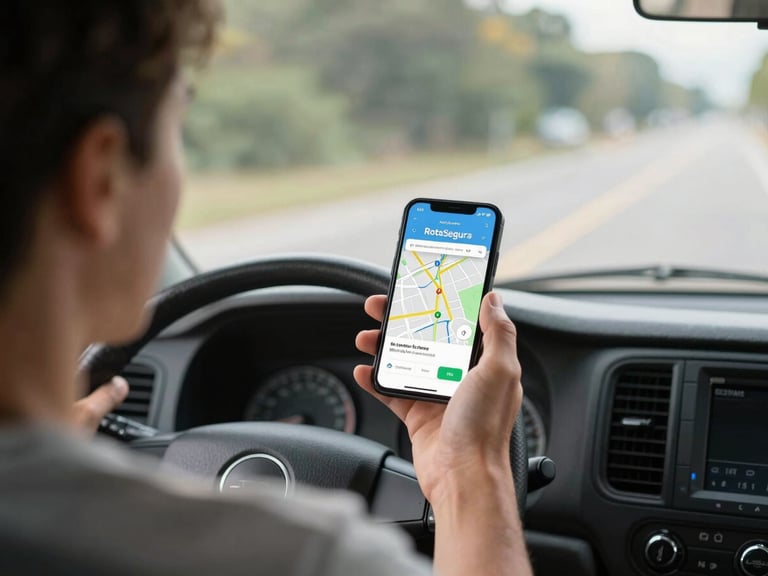 Over-the-shoulder shot of a school van driver safely navigating in bright morning daylight, a smartphone mounted on the dashboard displaying the RotaSegura real-time map interface, soft natural tones, shallow depth of field.