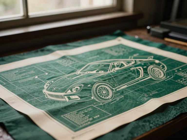 Detail shot of a vintage automotive blueprint design printed on a dark garment, showing intricate lines and text, under warm workshop lighting, shallow depth of field.