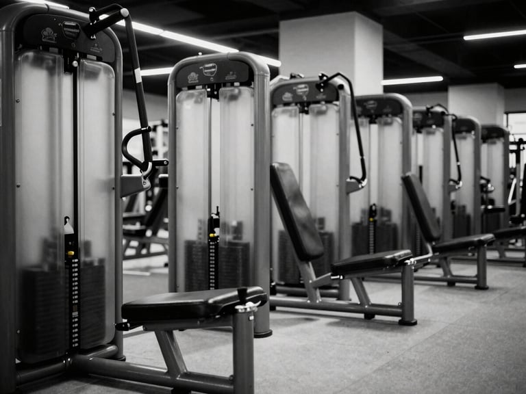 Empty row of modern gym machines, black and white, clean architectural lines, harsh overhead lighting creating strong shadows, focus on the metallic mechanisms.