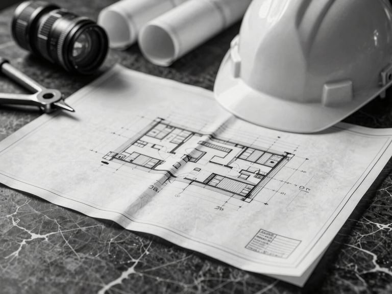 A high-contrast monochrome photograph of physical blueprints laid out on a dark textured marble surface, architectural tools and a hard hat in the soft background light.