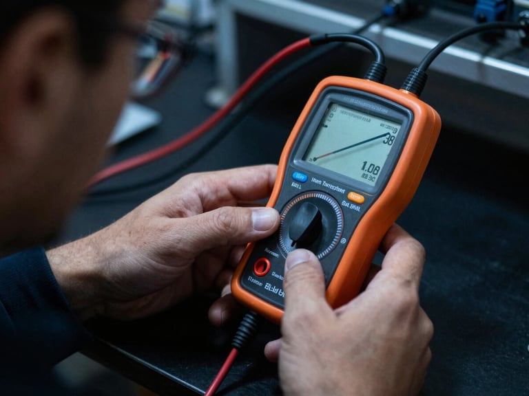 Bir teknisyenin elinde hassas bir multimetre ile açık bir elektrik panosundaki kabloları kontrol ettiği yakın çekim, Tuzla tersanesinde gündüz ışığında.