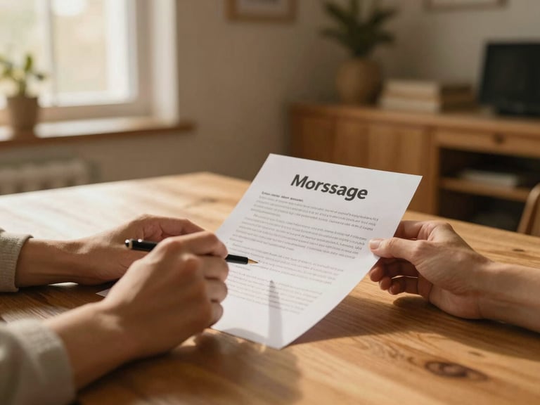 Hands of a couple reviewing mortgage documents on a wooden table, warm golden-hour light, cozy residential interior, shallow depth of field.