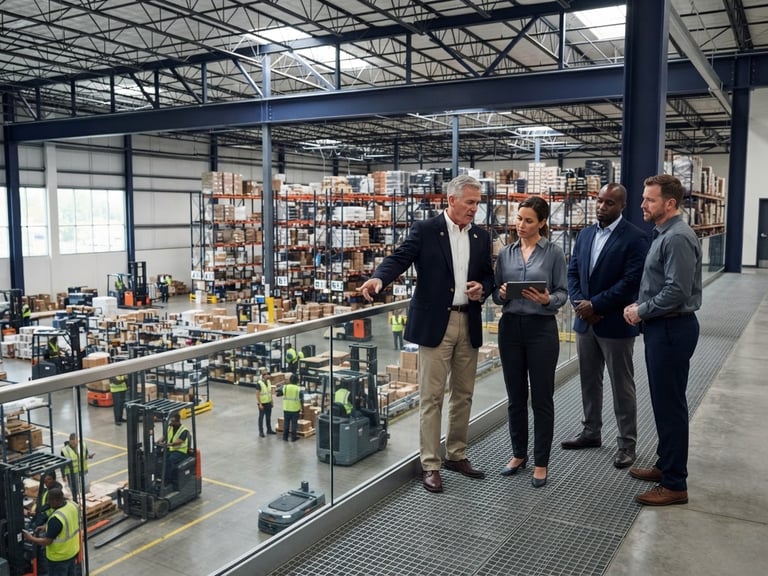 Wide environmental shot of a modern logistics facility with veterans in professional attire overseeing operations, crisp natural daylight, deep navy and slate tones, high contrast, professional editorial style.