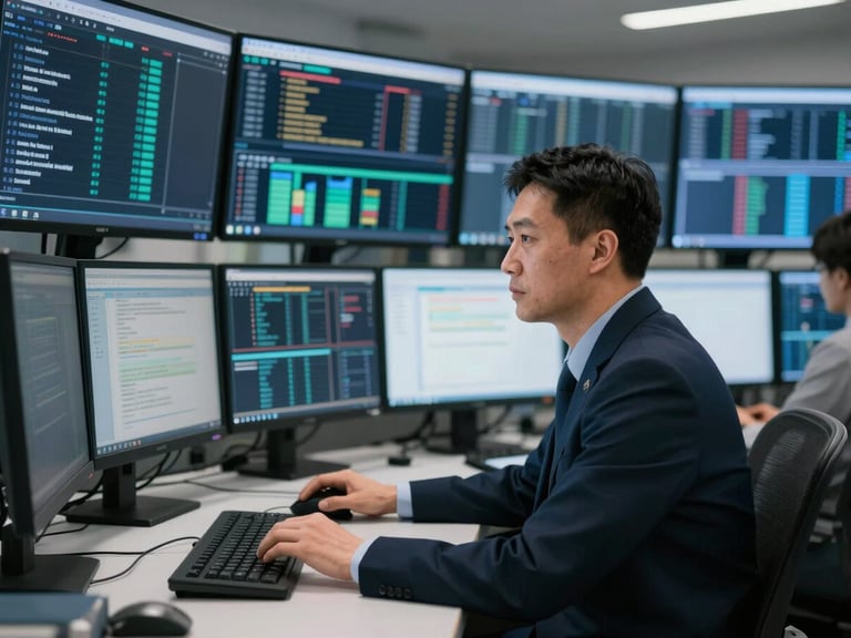 Veteran in a professional setting analyzing data on multiple screens in a control room, sharp natural daylight, deep navy and slate tones, high contrast, professional editorial style.