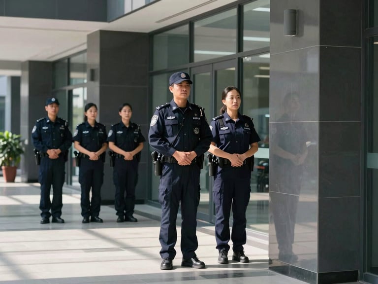 Professional security personnel conducting a patrol in a corporate office lobby, sharp natural daylight, deep navy and slate tones, high contrast, professional editorial style.