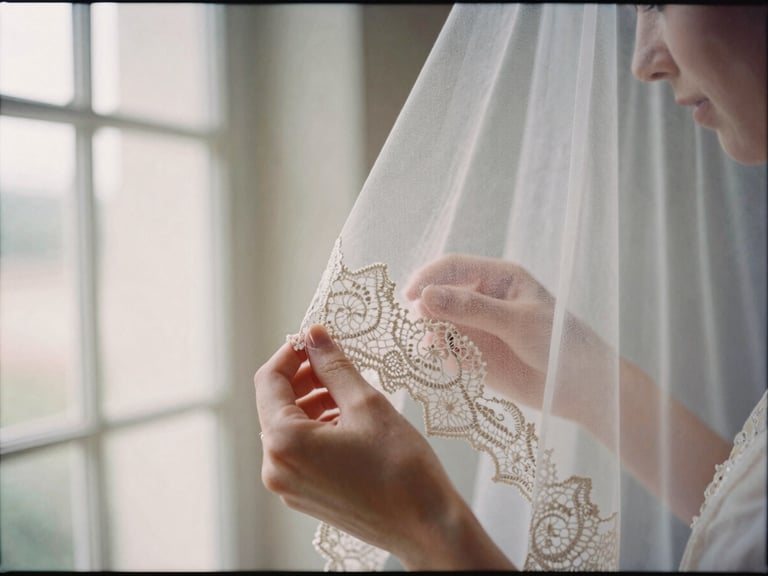 Romantic editorial photography, soft diffused window light, hands gently shaping a classic chapel veil, hand-basted lace detail, muted cream and dusty rose tones, shallow depth of field, 35mm film.