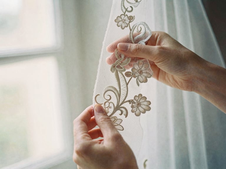 Romantic editorial photography, soft diffused window light, close-up of intricate lace appliqué on a bridal veil, artisan's hands lightly touching the fabric, muted cream and dusty rose tones, shallow depth of field, 35mm film.