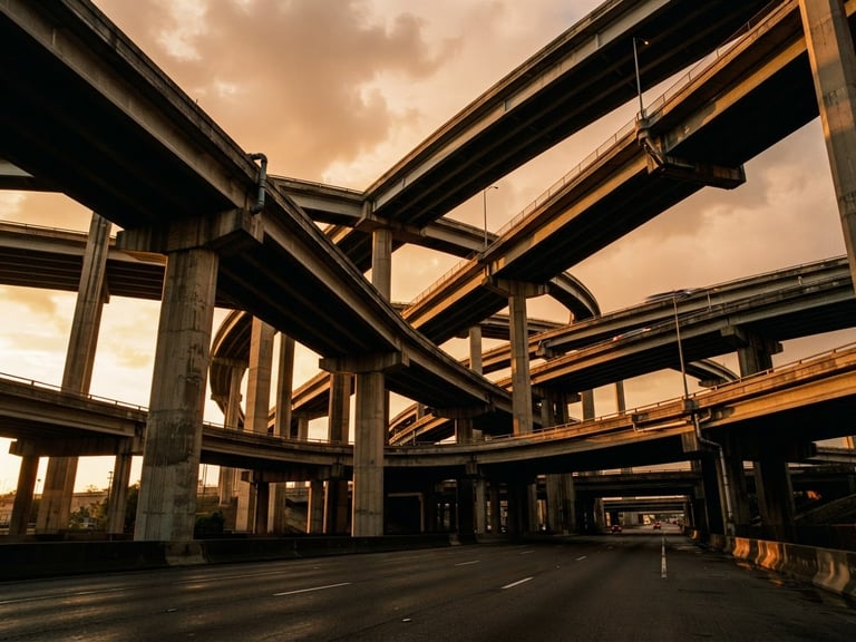 Low-angle wide shot of a massive concrete highway flyover under dramatic golden-hour sunlight, strong geometric shadows, monumental scale, 35mm film grain.