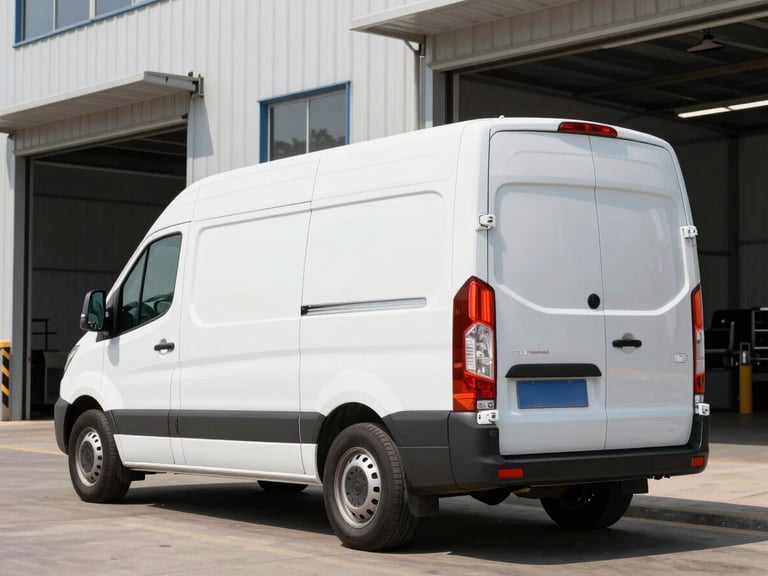 A clean white blind van with orange accents parked in front of a modern warehouse, bright natural daylight, high-contrast industrial tones, sharp focus, 35mm lens