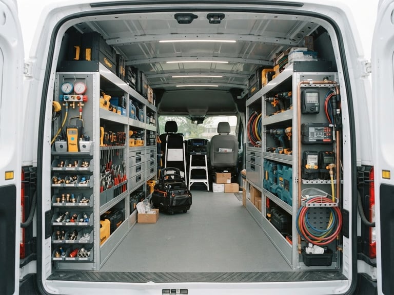 Wide shot of a neatly organized service van interior with clean modern HVAC tools and diagnostic equipment, bright neutral daylight, crisp details, 35mm