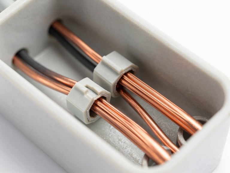 Crisp close-up of neatly routed copper wiring inside a junction box, clean conduit connections, bright high-key utility lighting