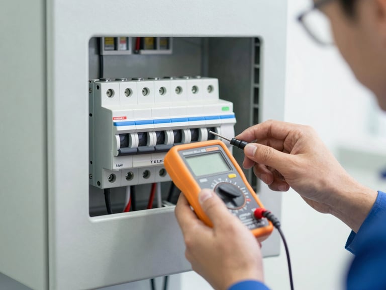Close-up of a licensed technician testing a modern circuit breaker panel with a digital multimeter, clean workspace, bright neutral daylight