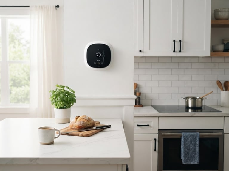 A bright, clean residential kitchen bathed in soft morning daylight, a modern digital thermostat mounted on a white wall in the background, sharp focus, 35mm lens.