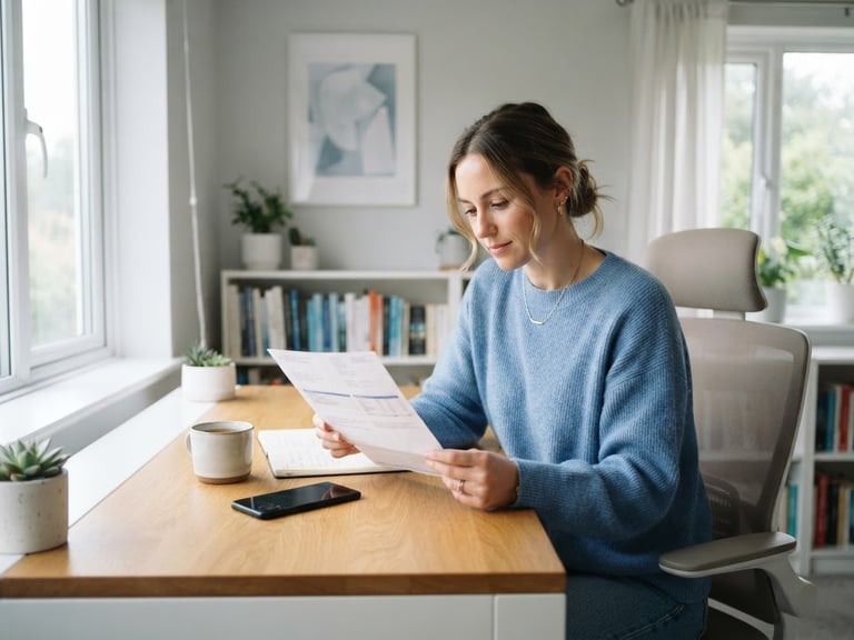 A bright, clean home office interior with soft natural daylight, a person holding a utility bill with a phone nearby, professional and calm setting, 35mm lens.