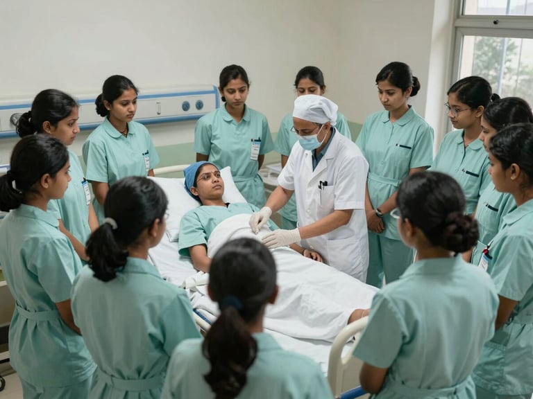 A wide shot of nursing students in clean uniforms gathered around a hospital bed during active clinical postings in a Ranchi medical ward, with an experienced instructor demonstrating patient care.