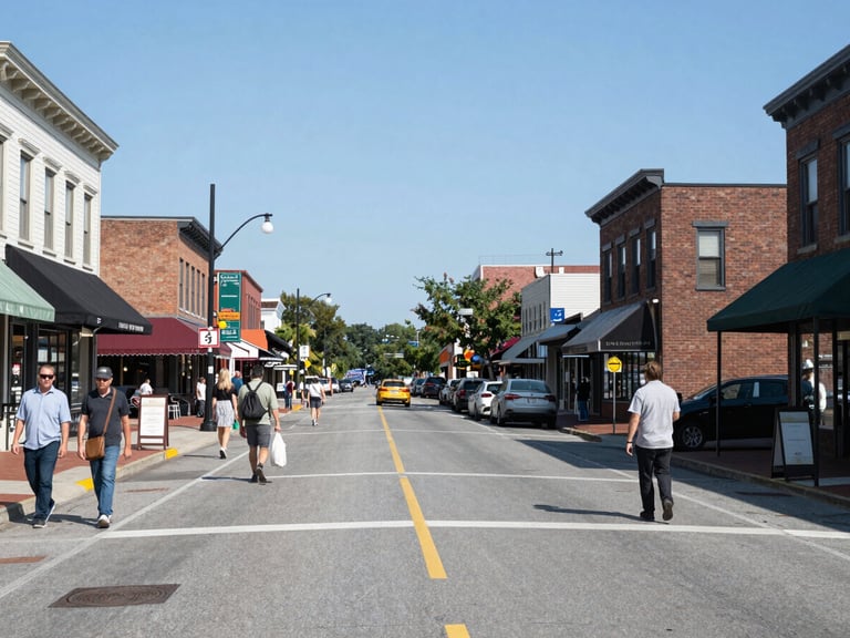 Authentic street view of a bustling main street in Everett, Massachusetts, with local businesses and pedestrians, natural daylight, professional editorial photography, 35mm