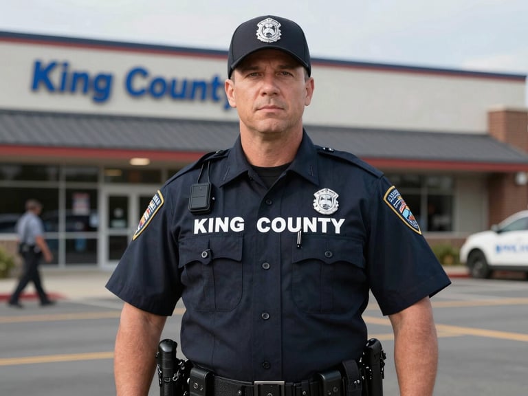 Portrait of a confident, uniformed King County Security Guard officer, professional and alert, against a blurred King County commercial backdrop, crisp daylight, 35mm lens.