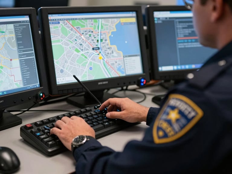 Close-up of a King County Security Guard dispatcher's hands on a radio console, screens showing King County map, focused and alert, realistic night-patrol lighting, 35mm lens.