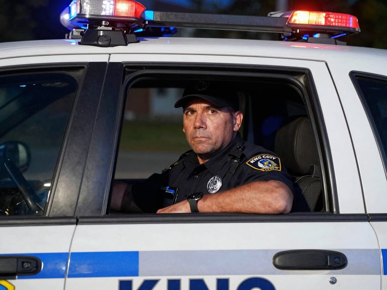 Uniformed King County Security Guard supervisor in a marked patrol vehicle, looking out the window with a serious expression, realistic night-patrol lighting, 35mm lens.