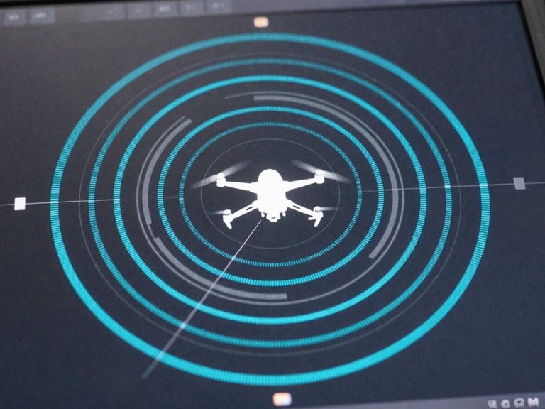 Extreme close-up of a sensor fusion visualization panel — cyan LiDAR point cloud rings expanding from a drone silhouette at center, radar return arcs in pale silver overlaid on a dark graphite UI surface, thin GPS trace lines crossing the frame, cool studio lighting, no humans