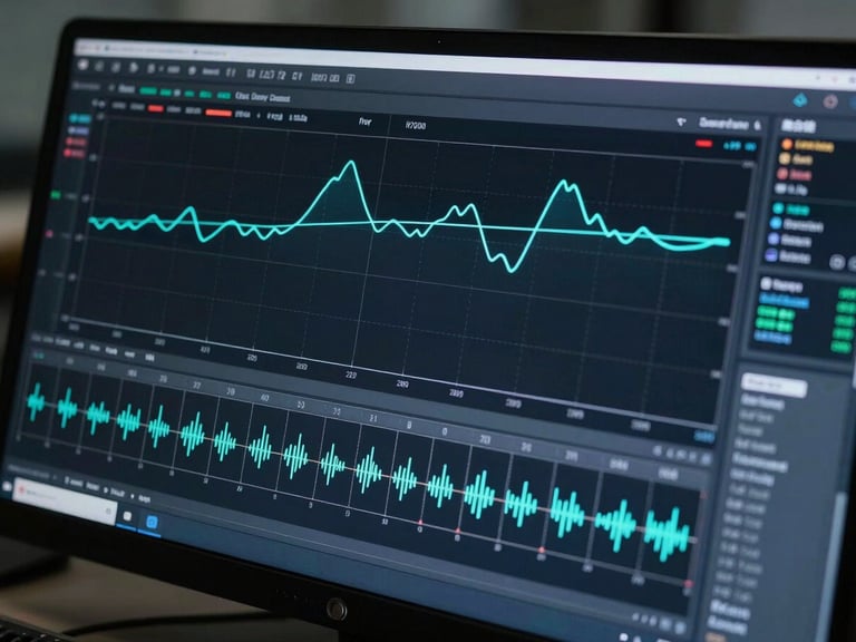 Close-up of a reinforcement learning training dashboard rendered on a dark cockpit-glass surface — loss curves and reward graphs in thin cyan lines, multi-agent episode replay timeline at bottom, distributed training node grid in silver, cool studio lighting, no humans, precise engineering UI aesthetic