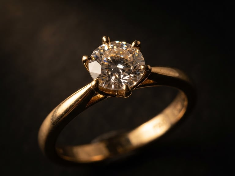 Elegant macro shot of a gold diamond ring catching warm directional studio light, soft golden reflections, dark background, 85mm lens