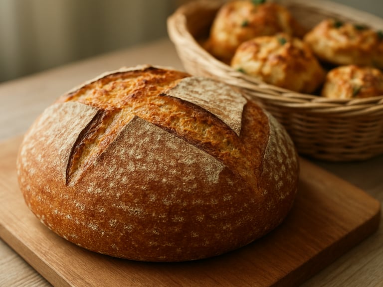 A close-up of a rustic sourdough bread loaf with a perfectly scored crust on a wooden cutting board, next to a basket of artisanal savory pastries, soft natural window light, muted pastel tones, shallow depth of field, 35mm.