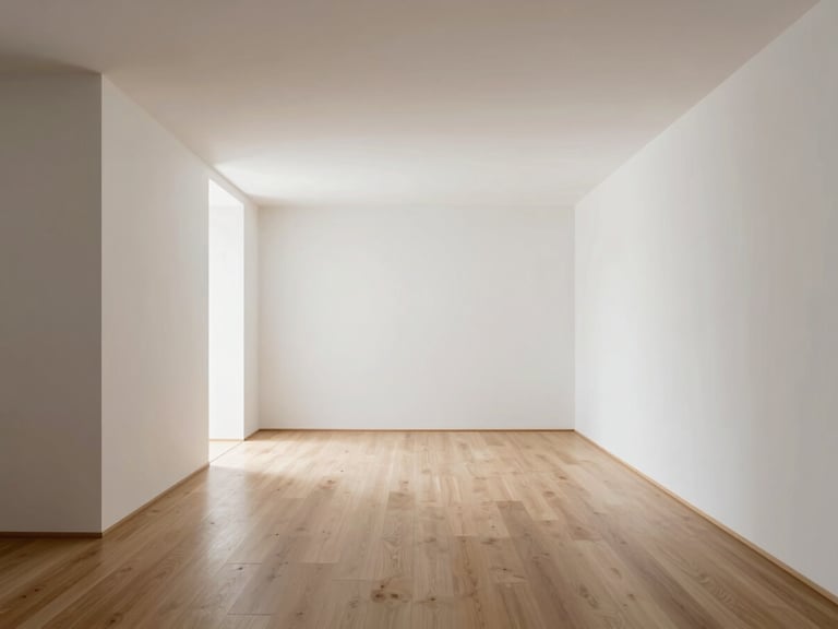 Symmetrical one-point perspective of a modern living space render, architectural white walls, minimalist layout, soft diffused daylight, 35mm