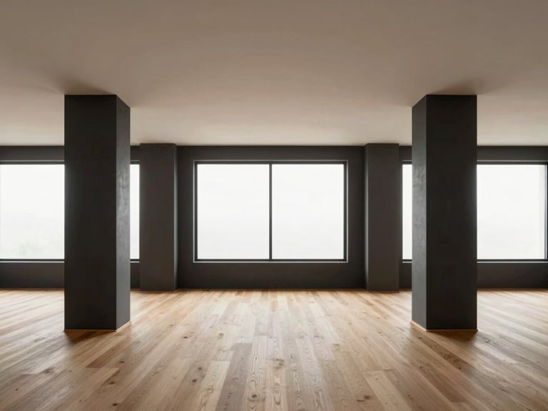 Minimalist residential interior under construction, clean structural columns, precise alignment, natural light filtering through large windows, 35mm
