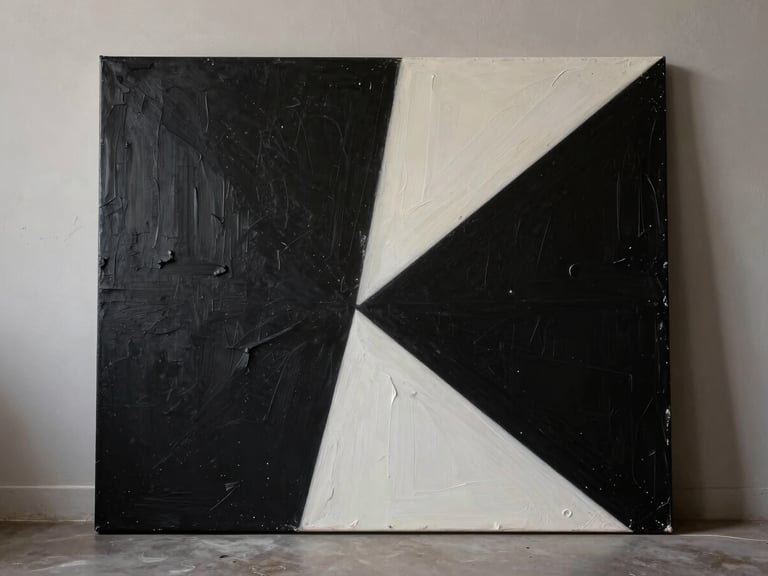 Chiaroscuro photograph of a large abstract canvas resting against a raw plaster wall, deep shadows casting geometric angles across the textured paint surface.